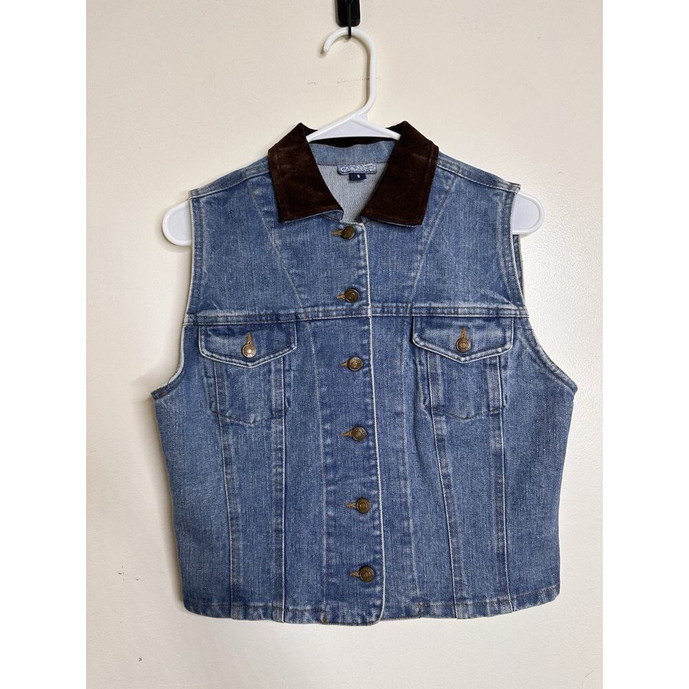 Vintage 80s Old School Denim Vest Sz Small Suede Collar Button Front Medium Wash